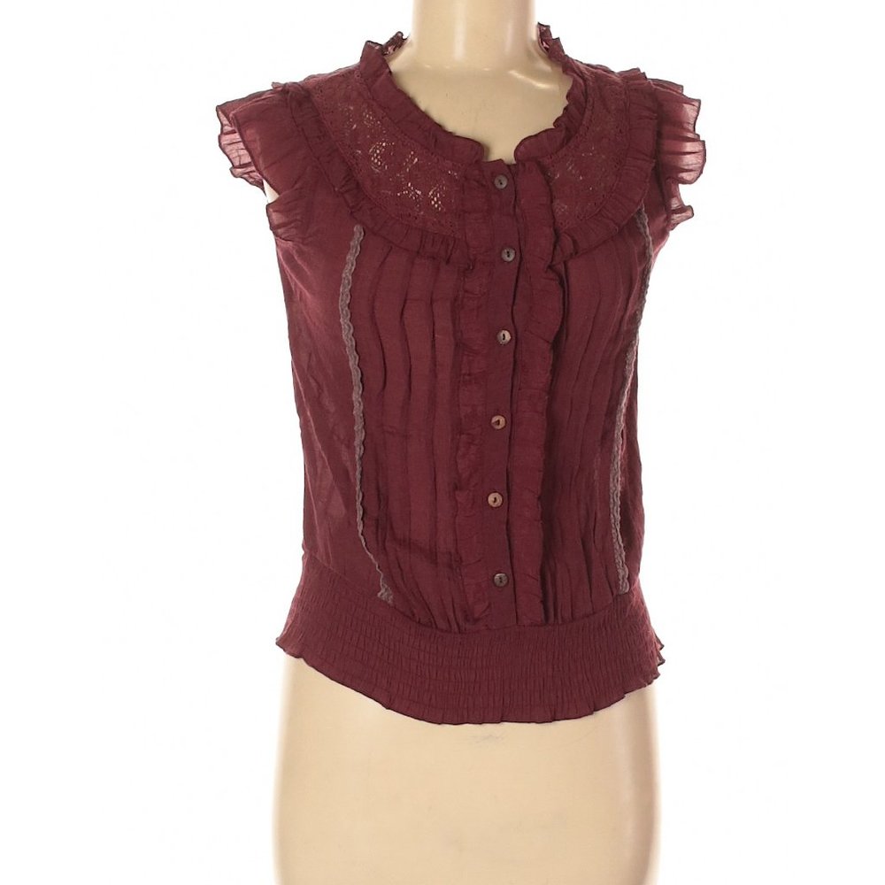 Short Sleeve Button-Down Lacy Blouse, Burgundy, M